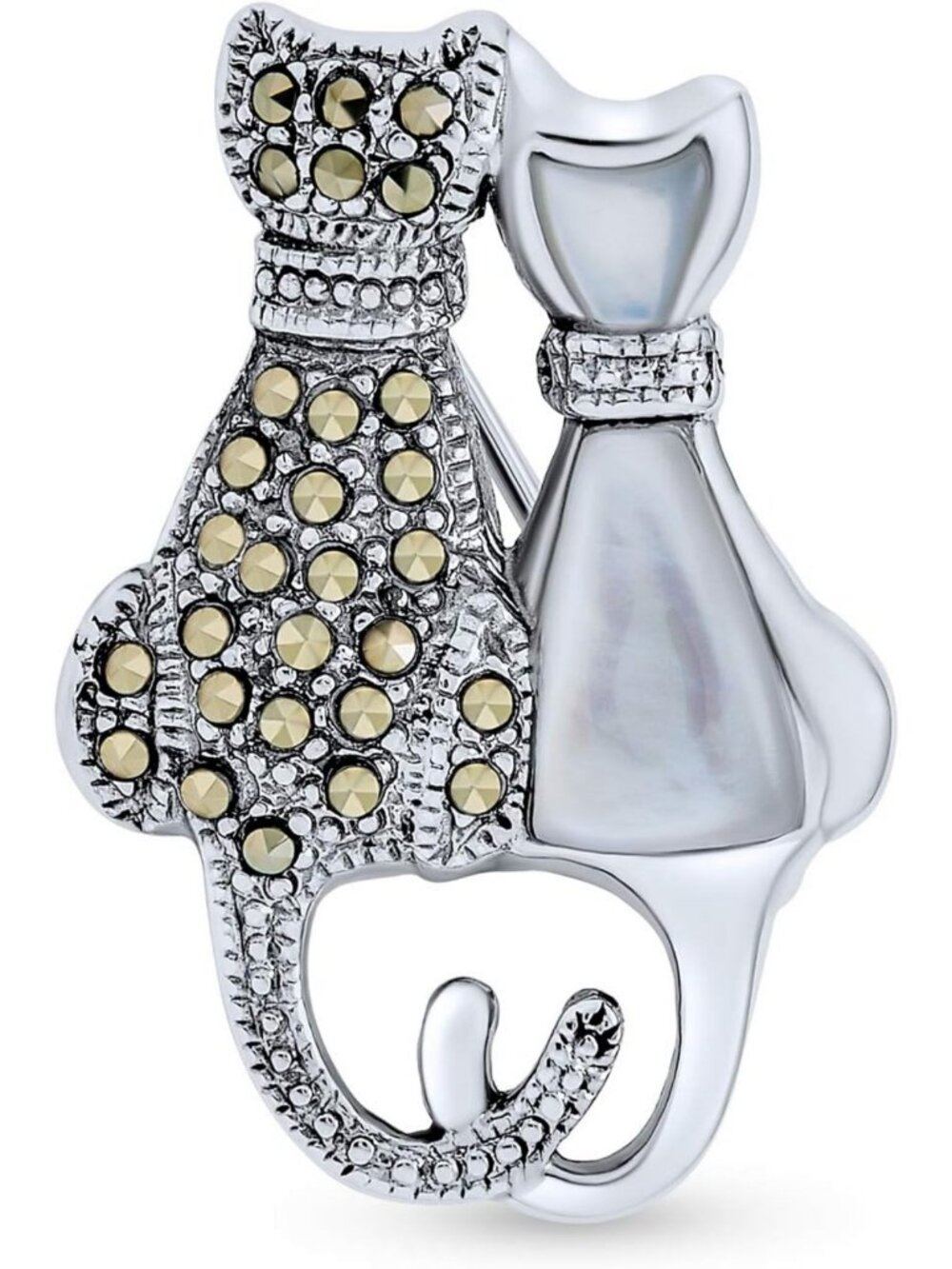 Adorable Cat & Kitten Brooch Pin - MOP, Onyx, Marcasite, .925 Sterling Silver